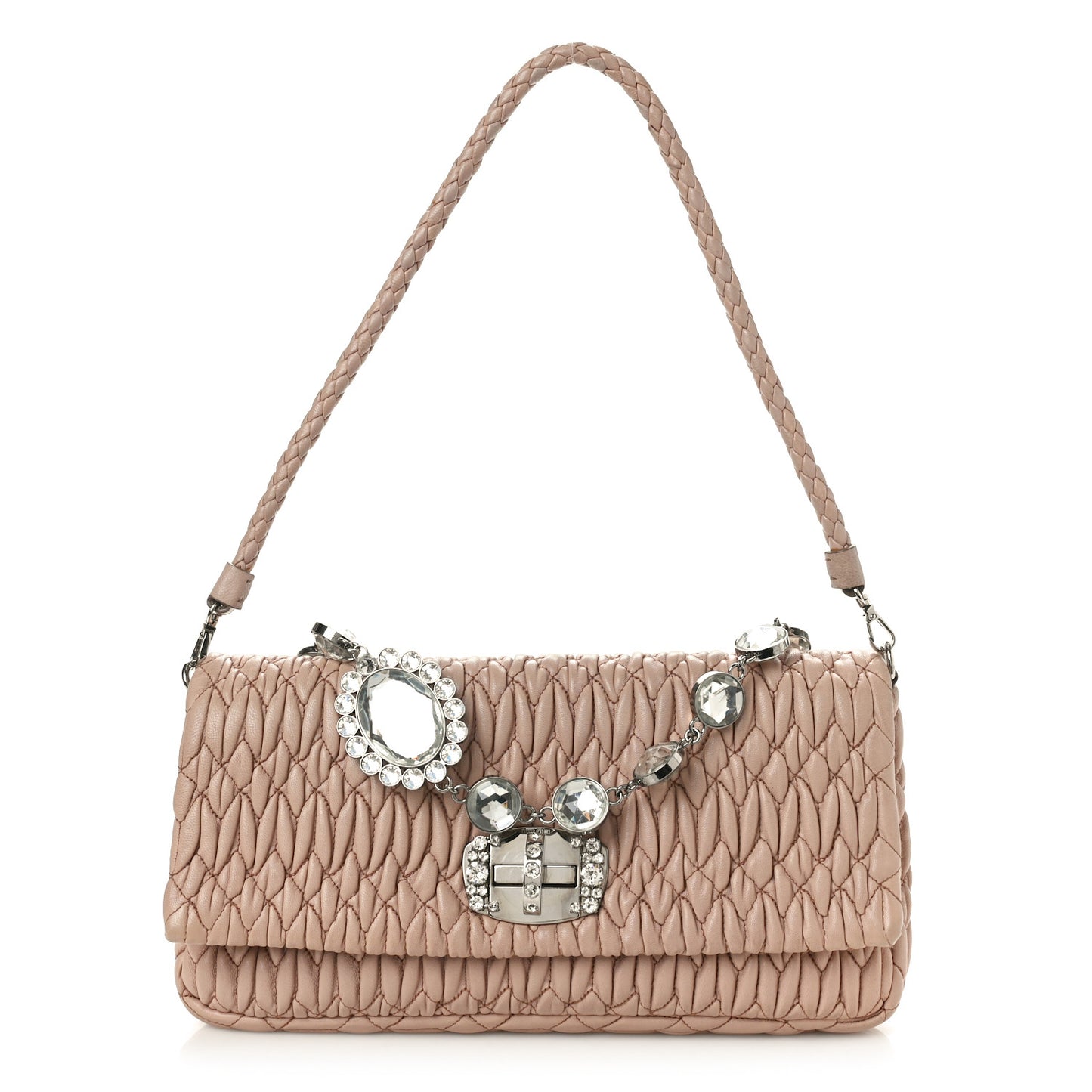 Nappa Matelasse Crystal Flap Clutch Cammeo