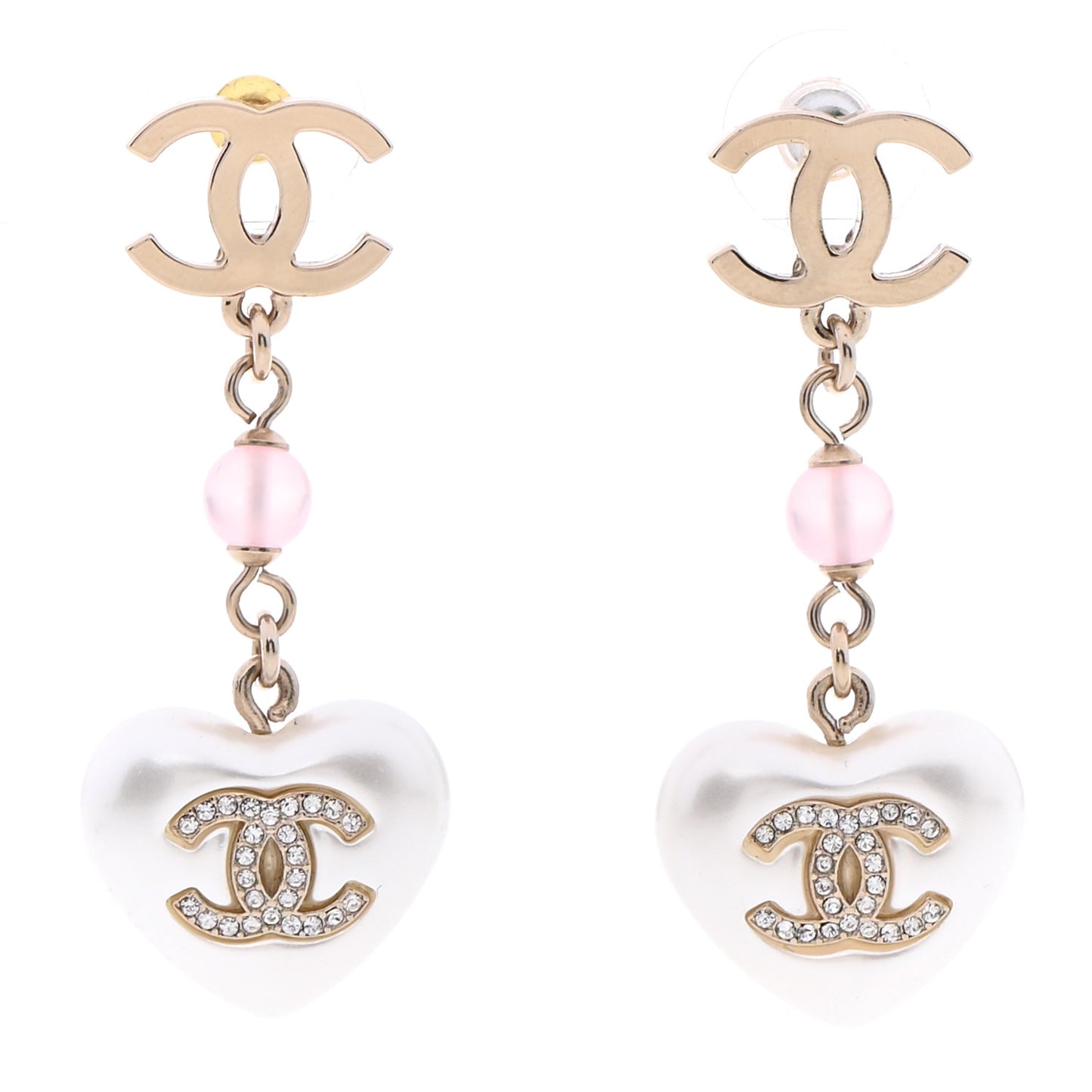 Metal Pearl Crystal Bead CC Heart Drop Earrings Pink Gold
