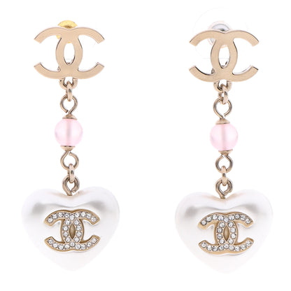 Chanel Metal Pearl Crystal Bead CC Heart Drop Earrings Pink Gold 1 of 4