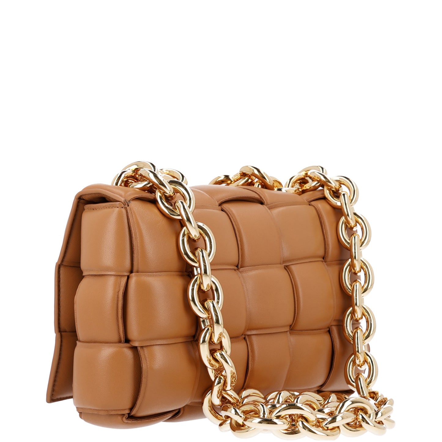 Lambskin Maxi Intreccio Padded Chain Cassette Crossbody Bag Caramel