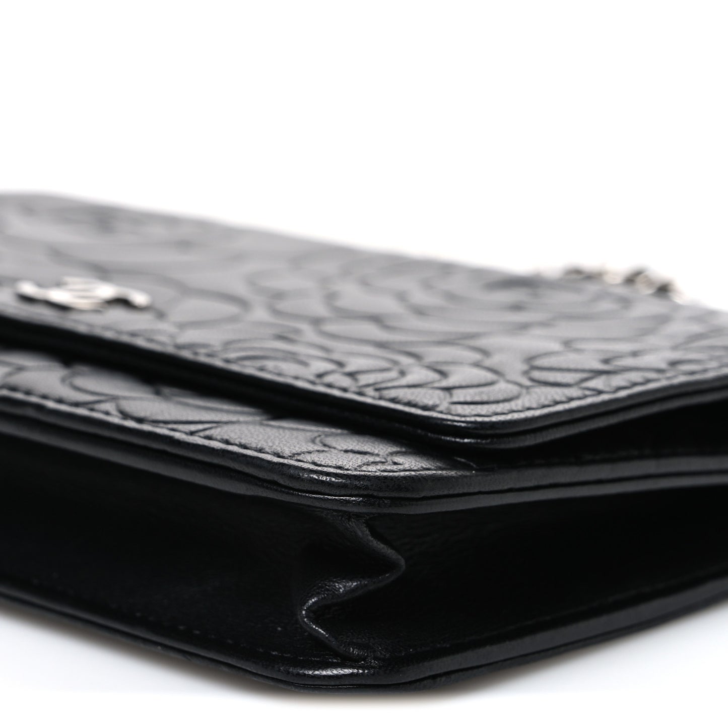 Lambskin Camellia Embossed Wallet On Chain WOC Black