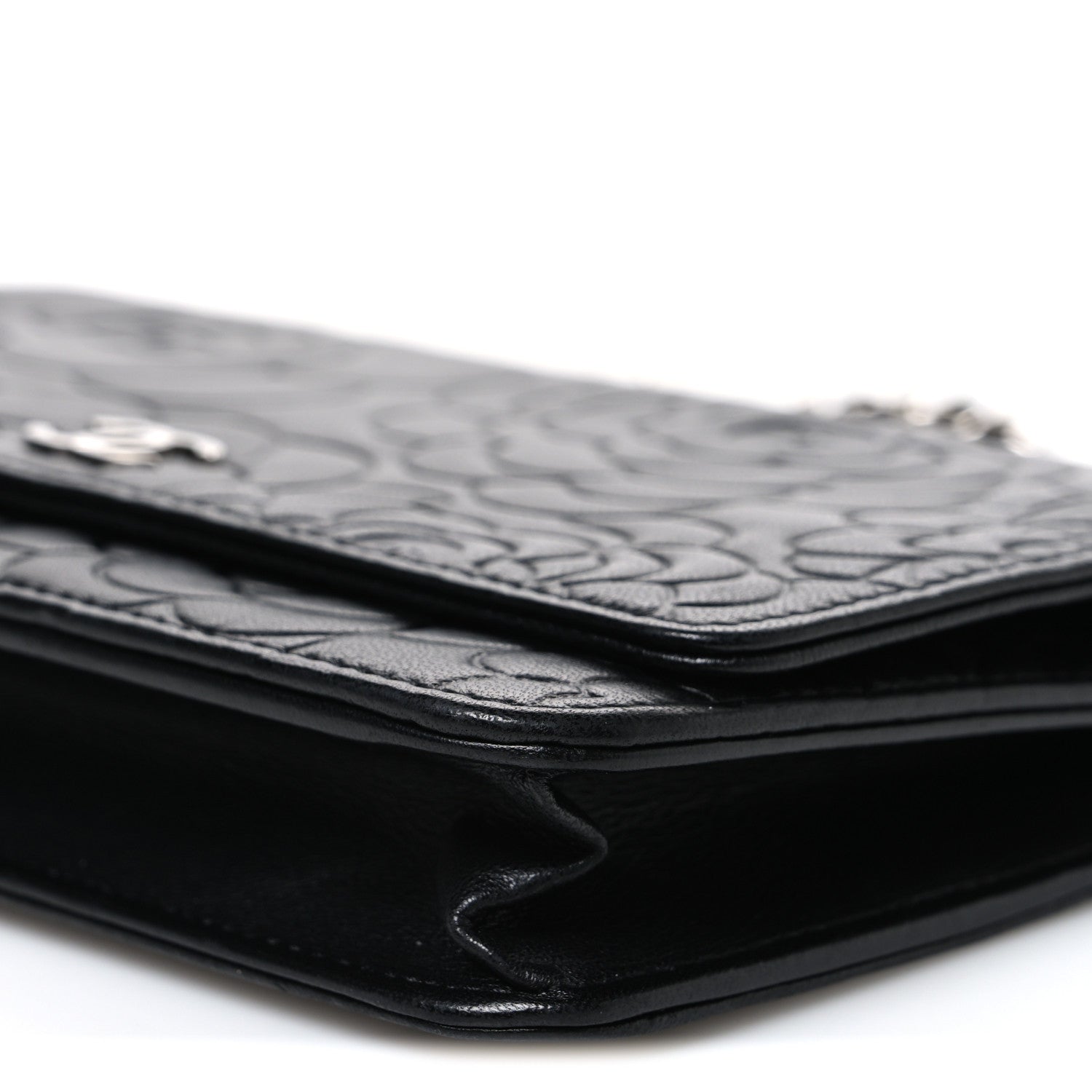 Chanel Lambskin Camellia Embossed Wallet On Chain WOC Black 10 of 11