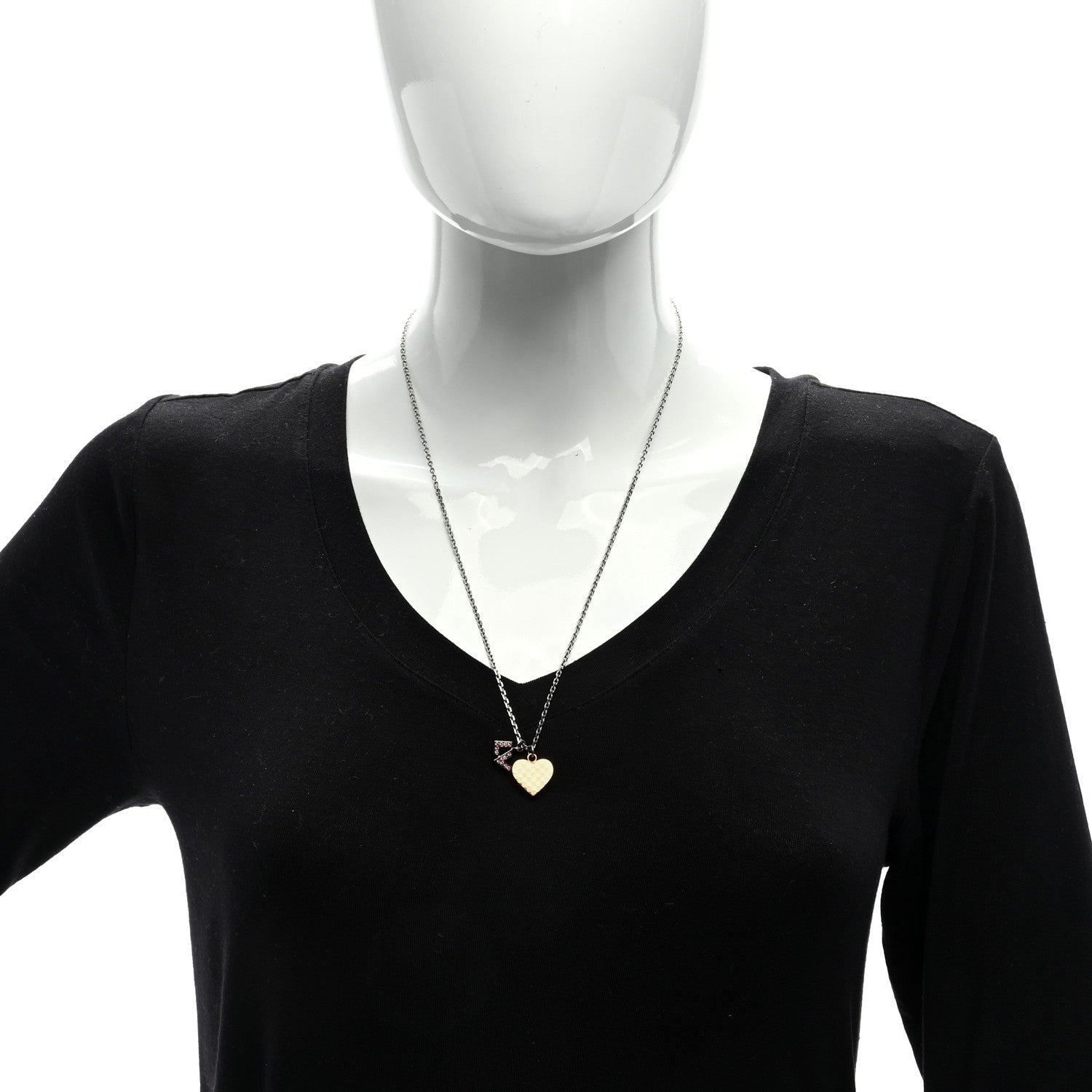 Louis Vuitton Damier Heart Pendant Necklace Silver Gold 3 of 4