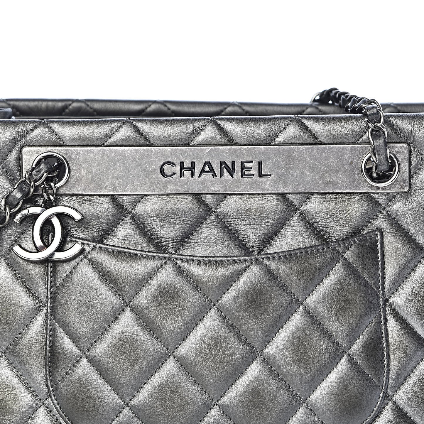 Metallic Lambskin Quilted Small Trendy CC Shopping Tote Grey