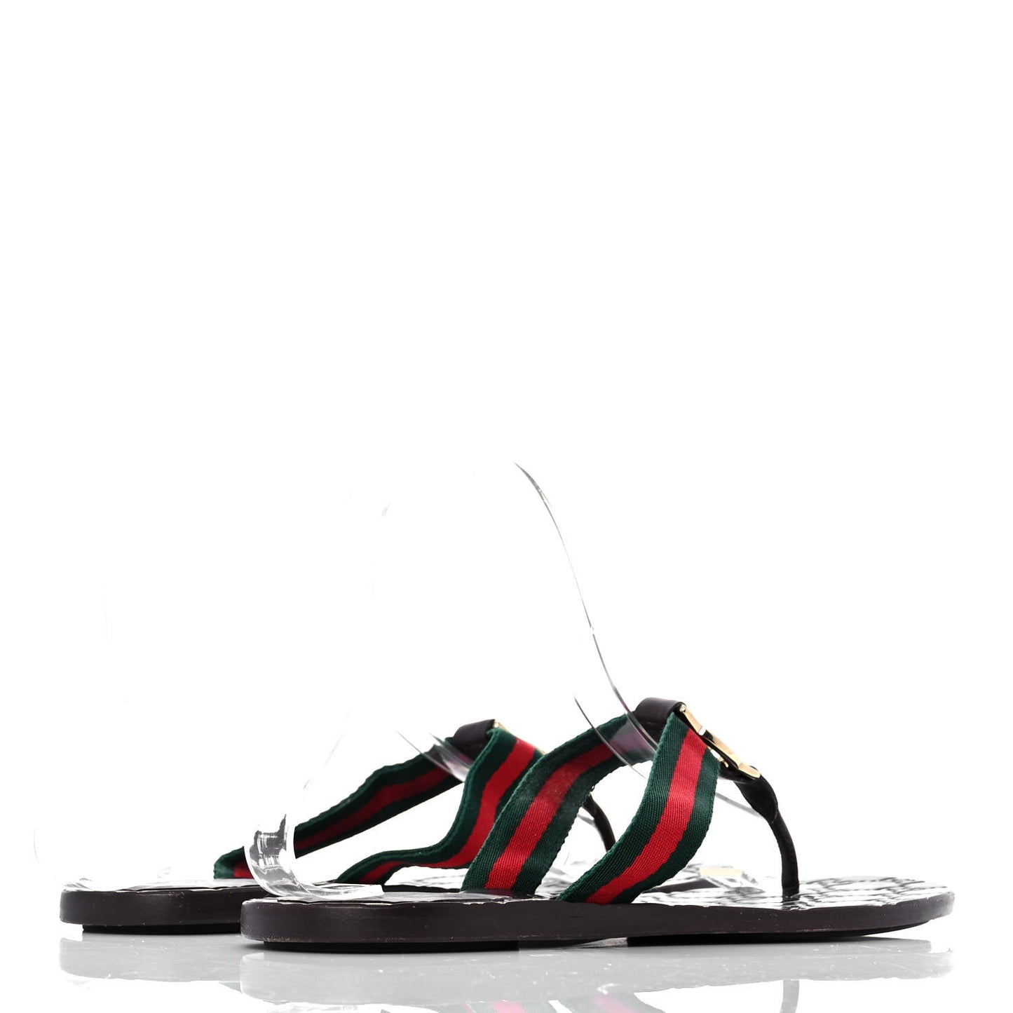 Nylon Calfskin Web GG Monogram Womens Thong Sandals 37.5 Green Red Cocoa