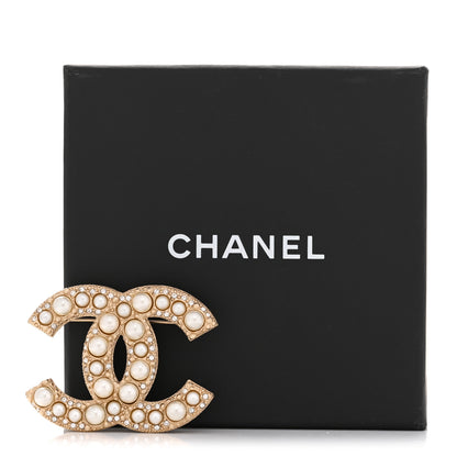 Chanel Metal Crystal Graduated Pearl CC Brooch Gold 4 of 4