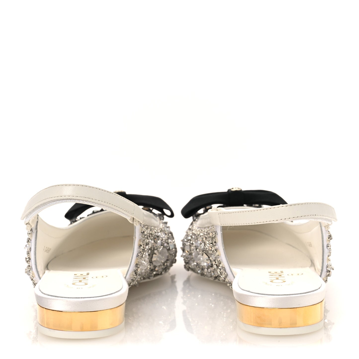 Satin Crystal Lambskin Grossgrain Bow CC Slingback Flats 39 White Black