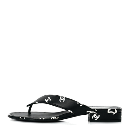 Chanel Lambskin Printed CC Thong Sandals 38.5 Black White 1 of 9