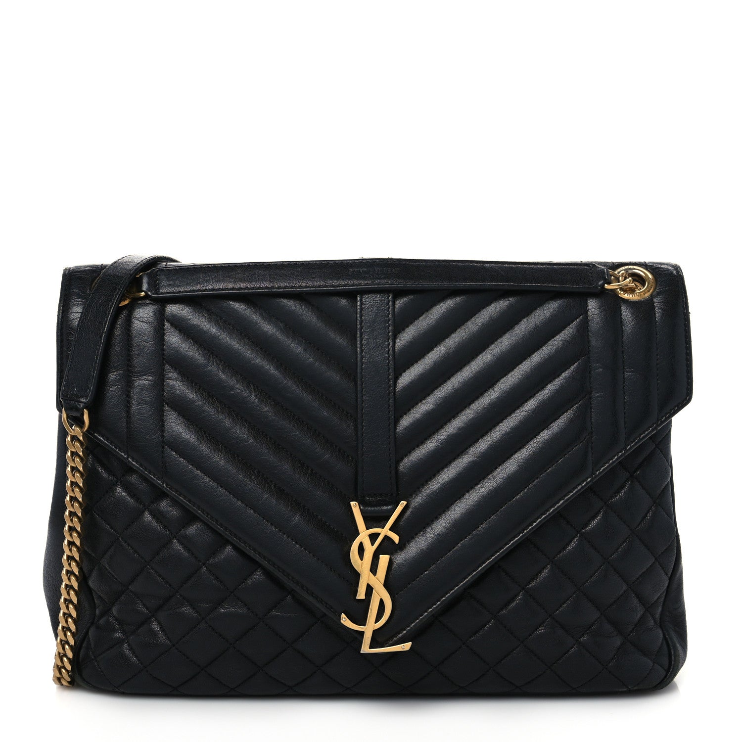 Saint Laurent Calfskin Mixed Matelasse Triquilt Large Monogram Satchel Black 1 of 9