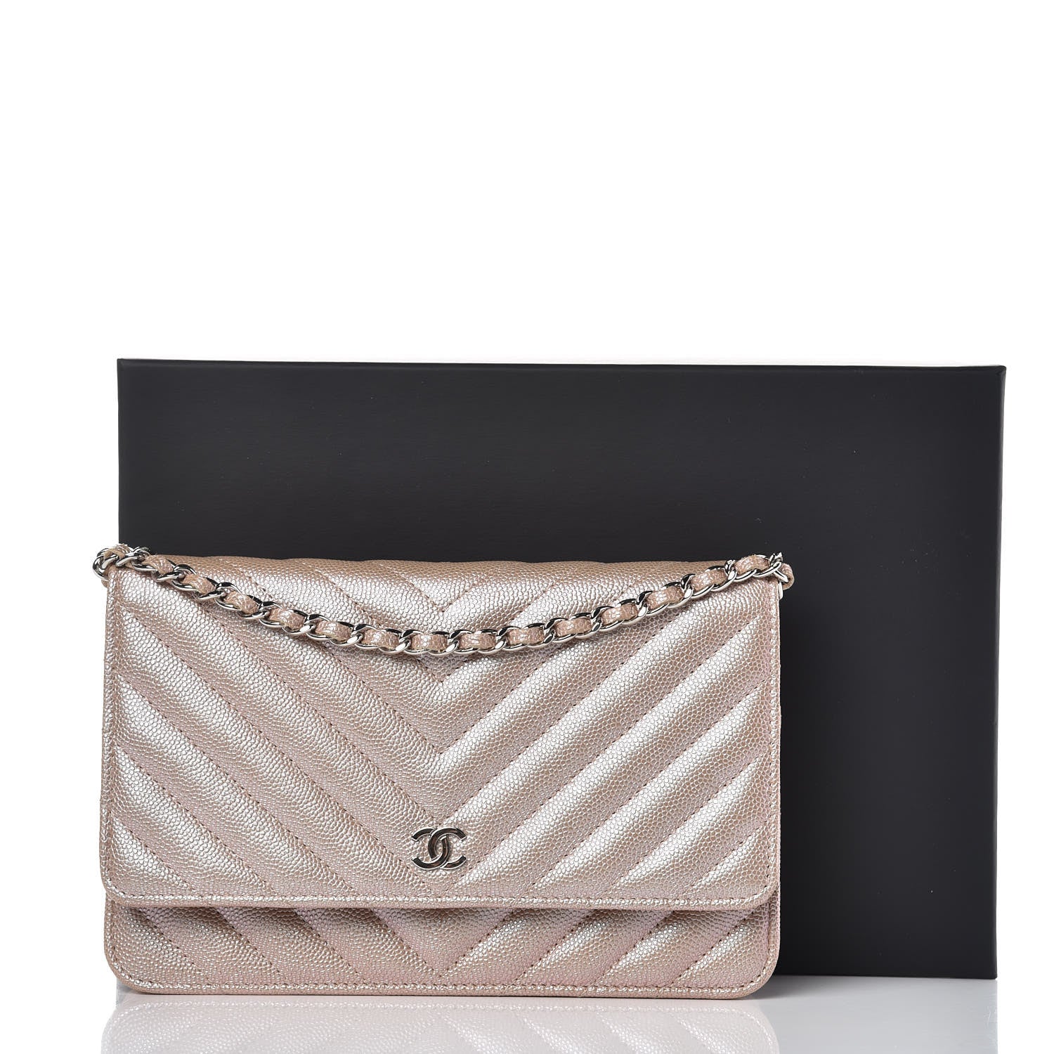 Chanel Metallic Caviar Chevron Quilted Wallet On Chain WOC Light Gold 11 of 11
