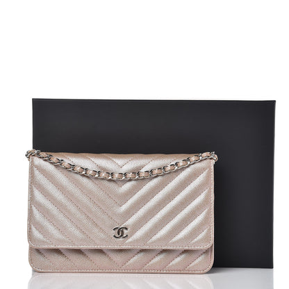 Chanel Metallic Caviar Chevron Quilted Wallet On Chain WOC Light Gold 11 of 11