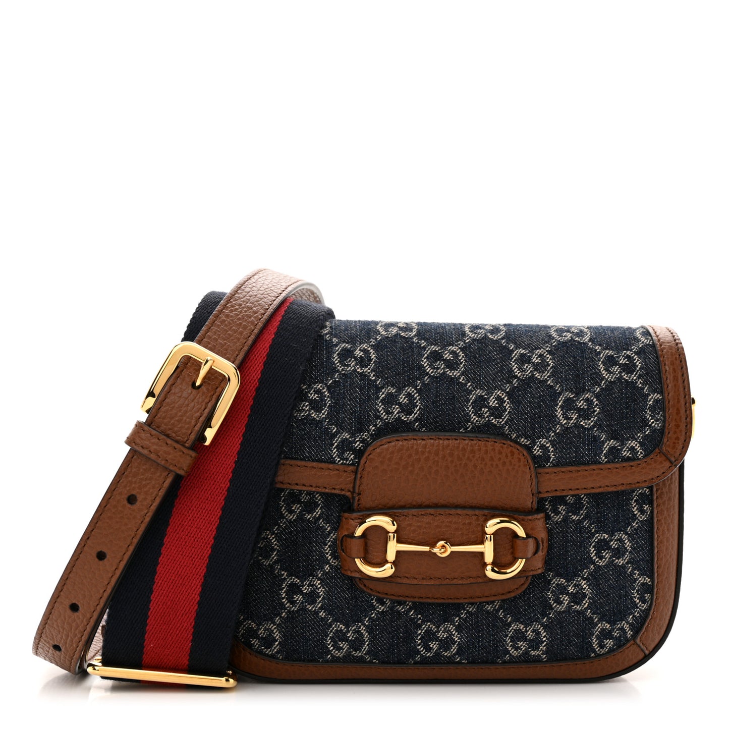 New Denim GG Monogram Dollar Calfskin Web Mini Horsebit 1955 Shoulder Bag Blue Tea Cuir Epilog