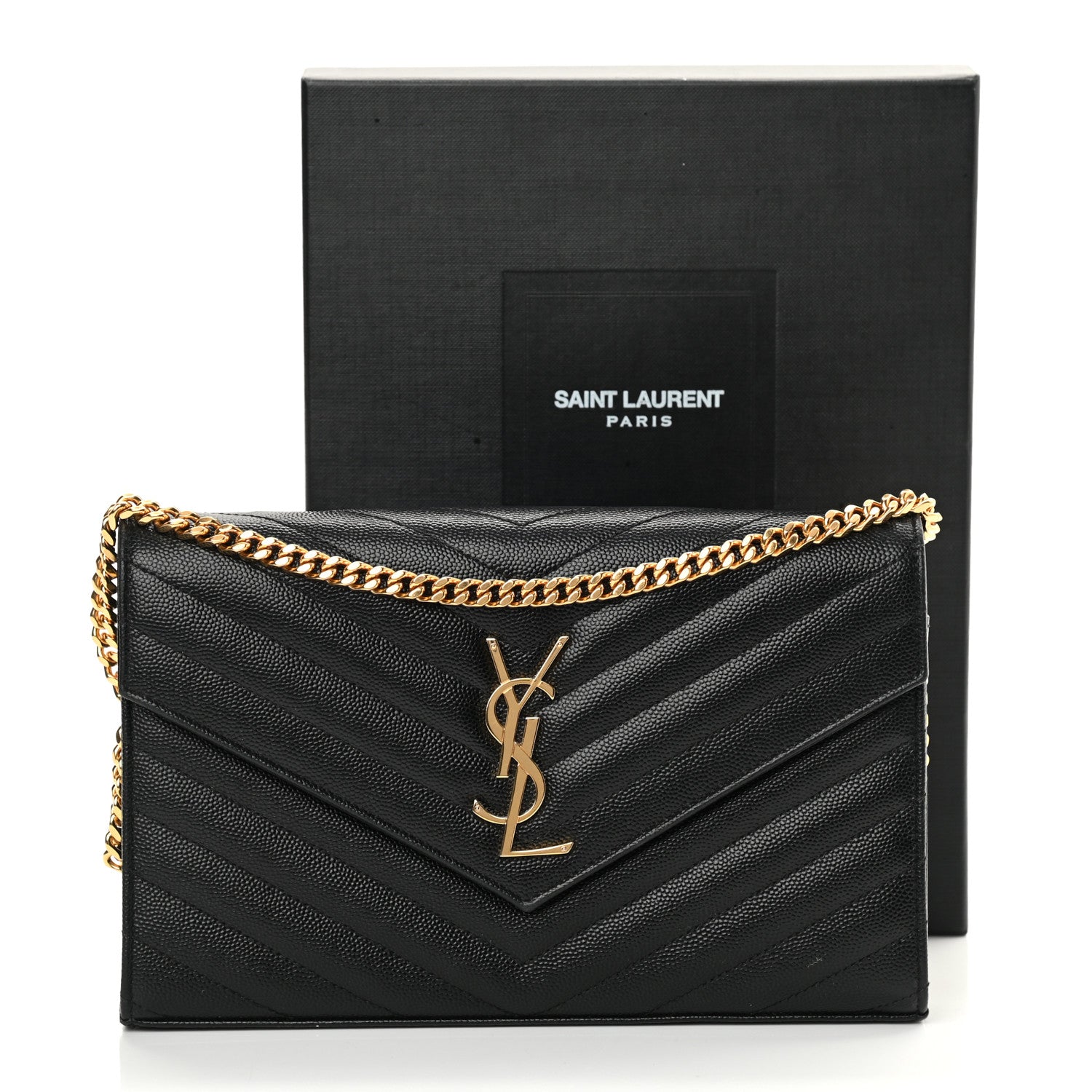 Saint Laurent Grain De Poudre Matelasse Chevron Monogram Chain Wallet Black 15 of 15