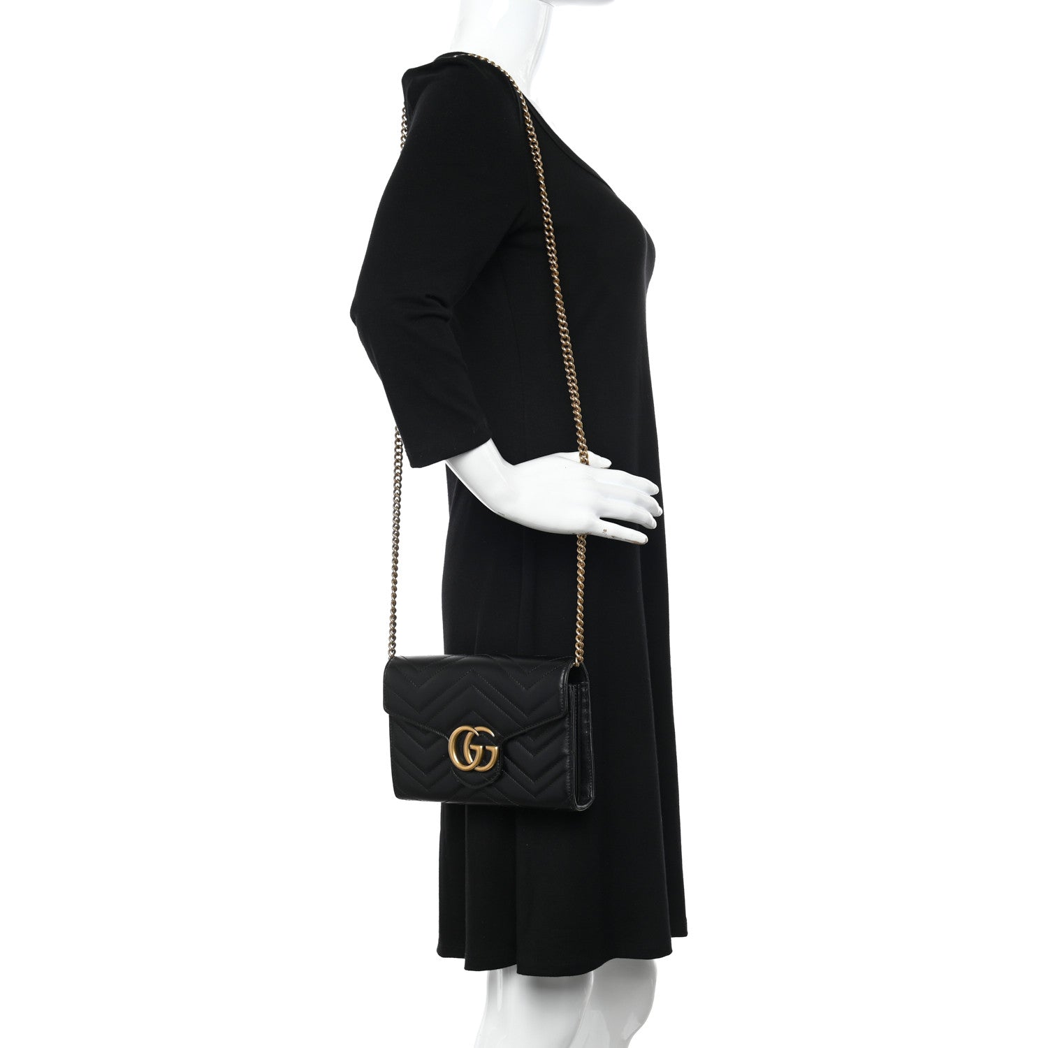 Gucci Calfskin Matelasse GG Marmont Chain Wallet Black 2 of 10