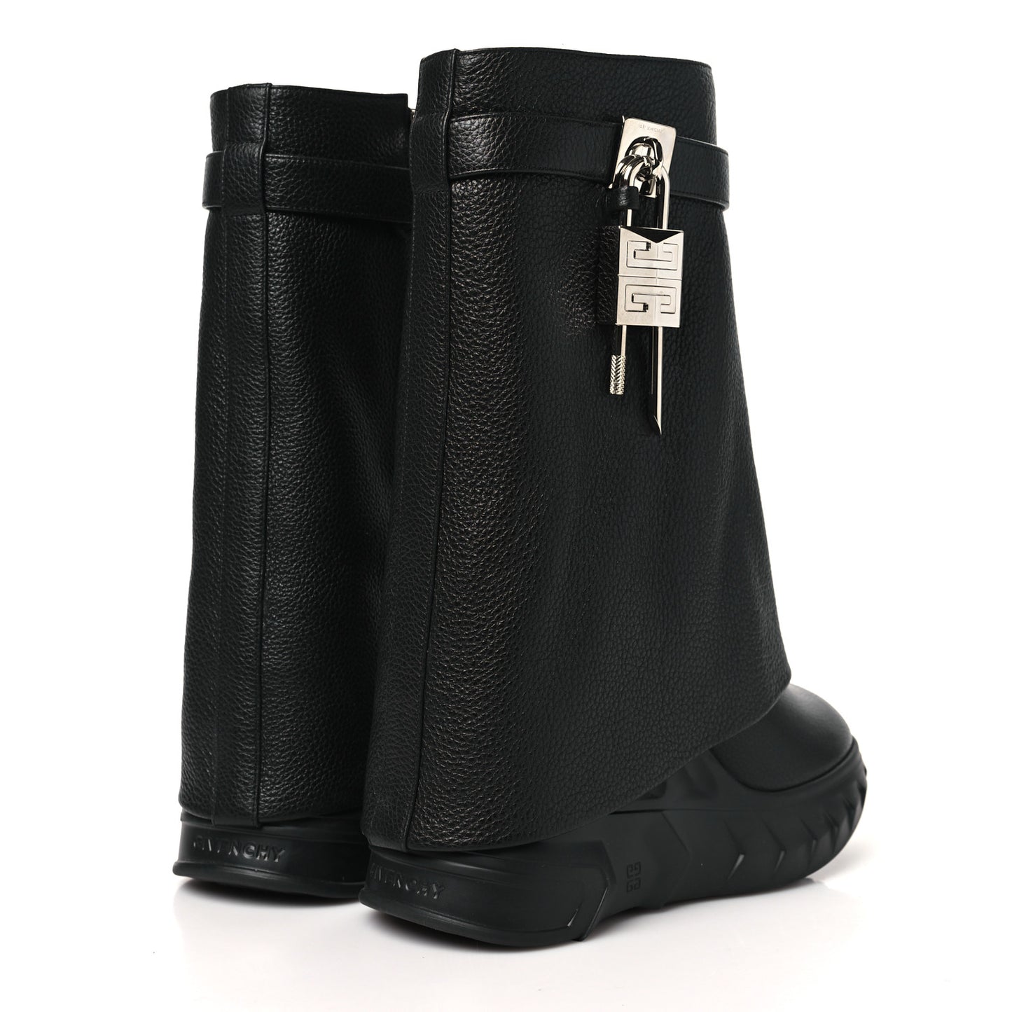 Grained Calfskin Shark Lock Biker Ankle Boots 38 Black