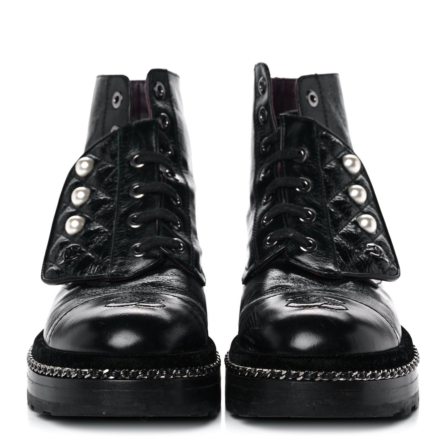 Crackled Calfskin Velvet Pearl Combat Short Boots 36 Black