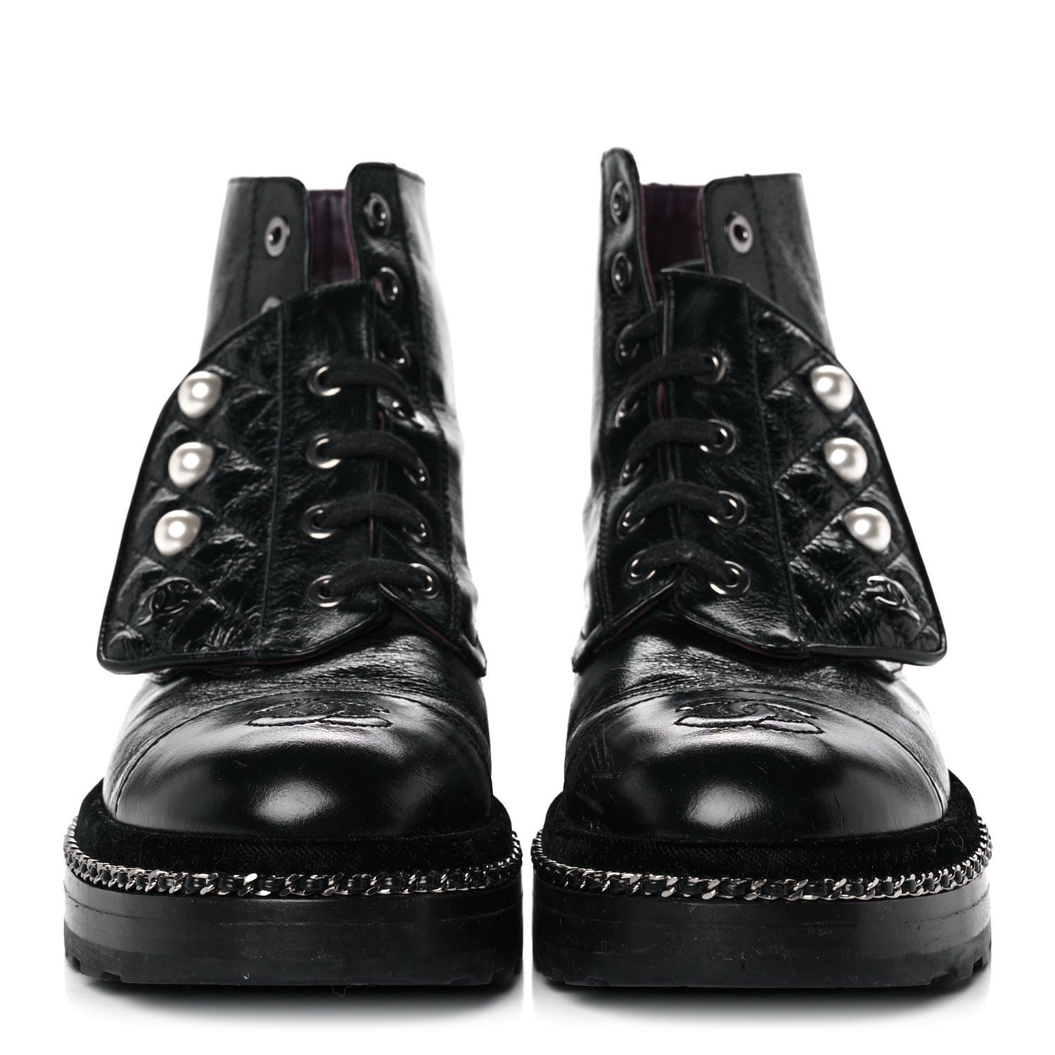 Chanel Crackled Calfskin Velvet Pearl Combat Short Boots 36 Black 2 of 8