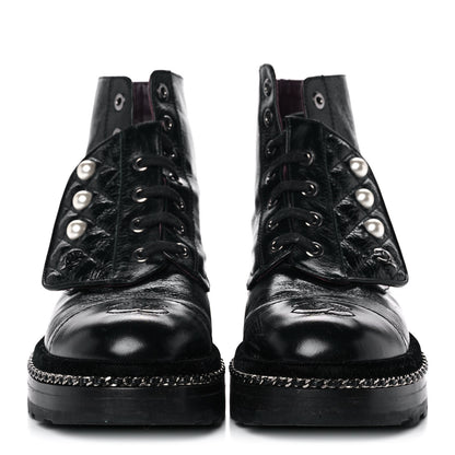 Chanel Crackled Calfskin Velvet Pearl Combat Short Boots 36 Black 2 of 8