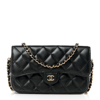 Chanel Lambskin Quilted Flap Phone Holder With Chain Black 1 of 13