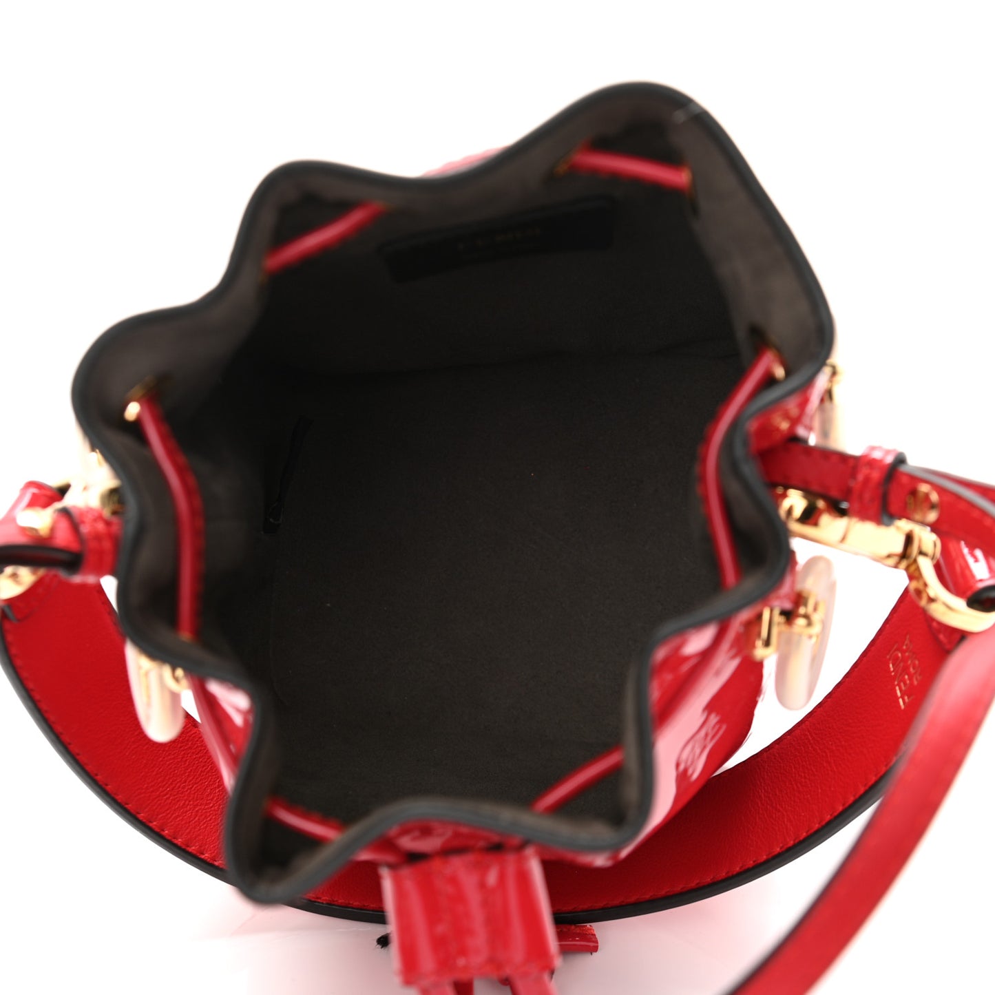 Vitello Vernice Mou F is Fendi Karligraphy Embossed Mini Mon Tresor Bucket Bag Rosso Cardinale
