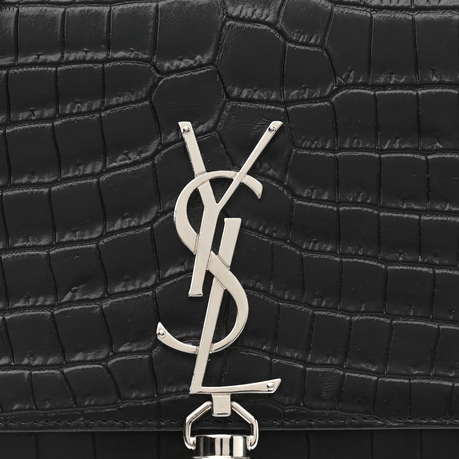 Saint Laurent Calfskin Crocodile Embossed Kate Monogram Tassel Chain Wallet Black 8 of 11