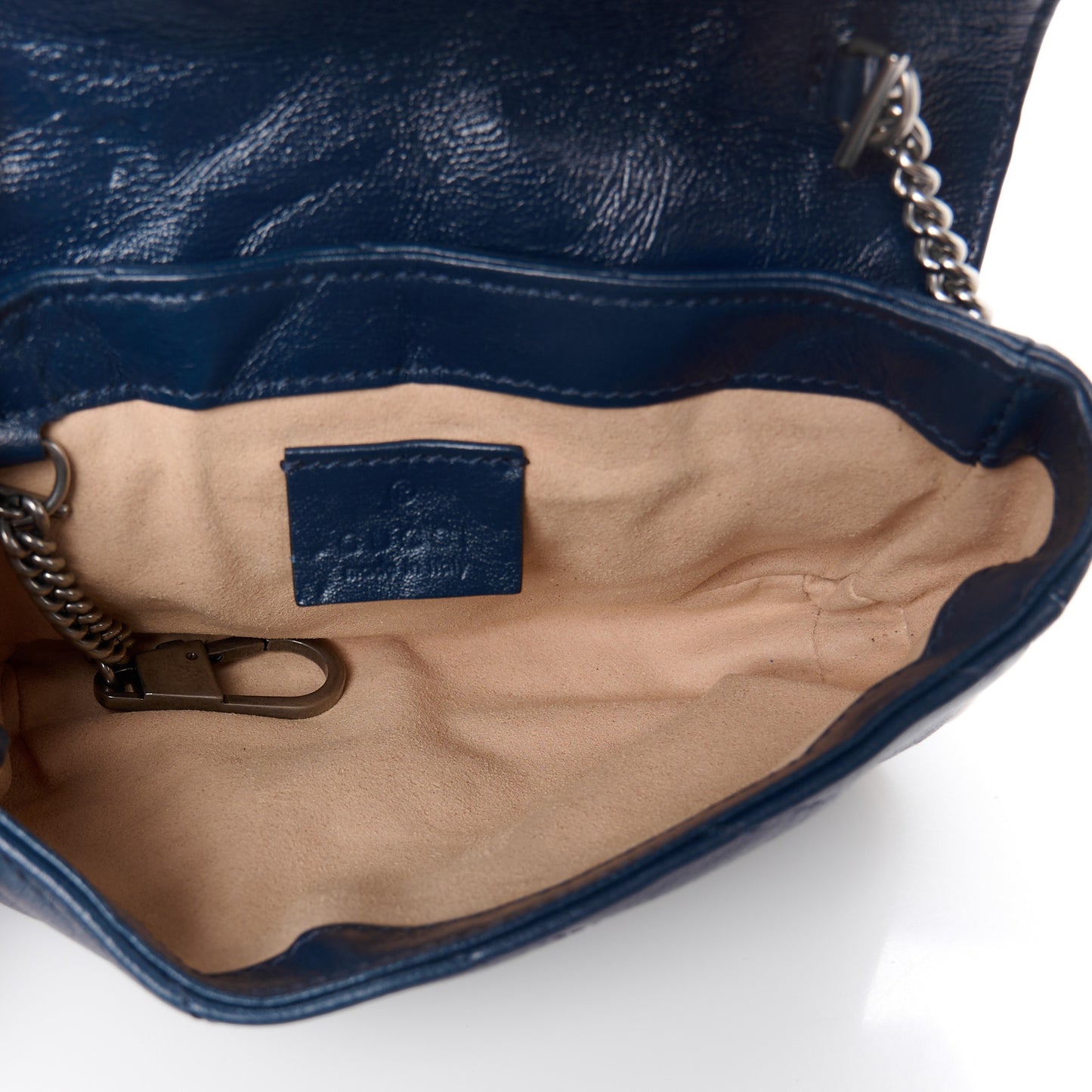Vintage Effect Calfskin Matelasse Diagonal Super Mini Torchon GG Marmont Shoulder Bag Blue Agata Mystic White