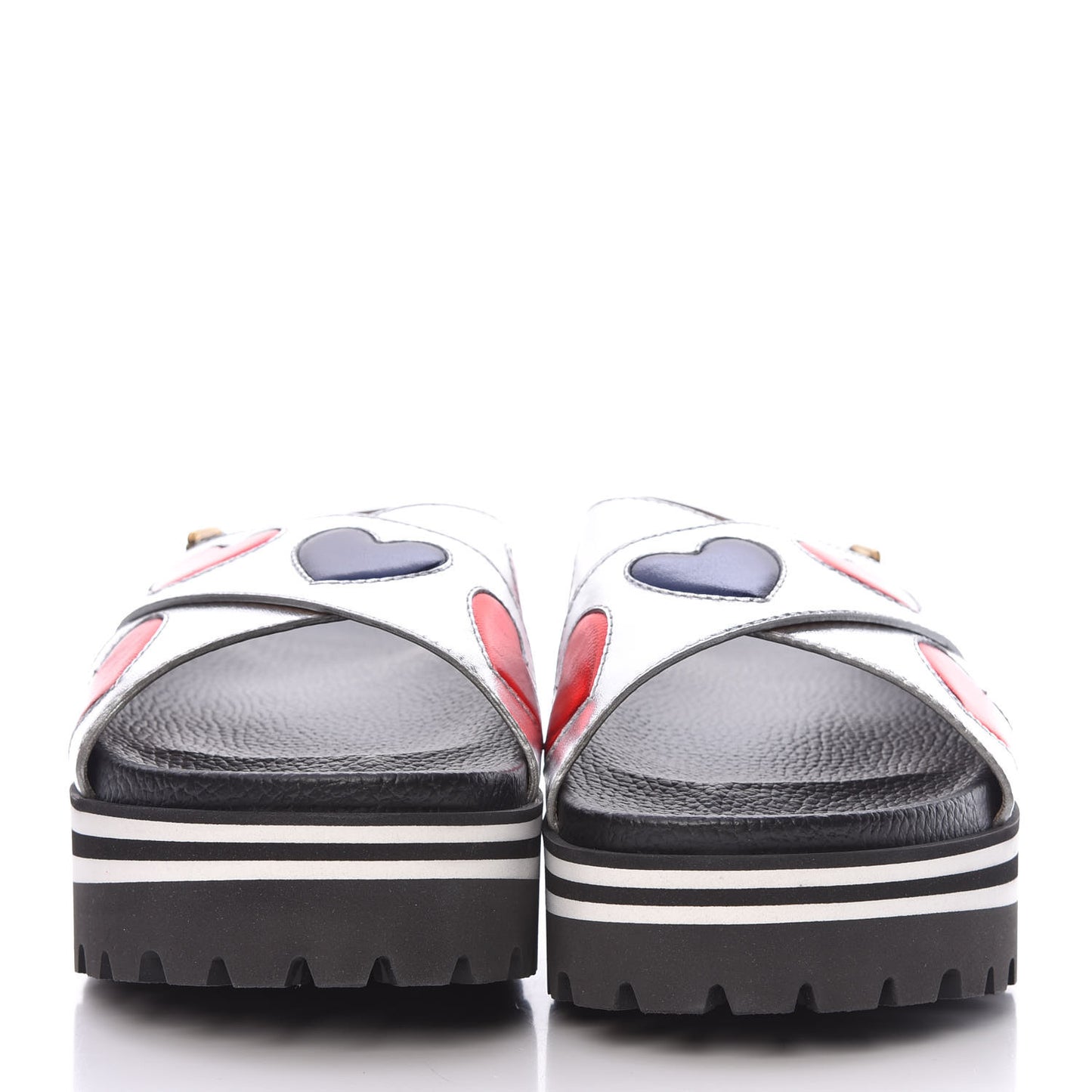 Metallic Nappa Silk Sunrise Heart Crossover Platform Lug Sole Sandals 38.5 Argento