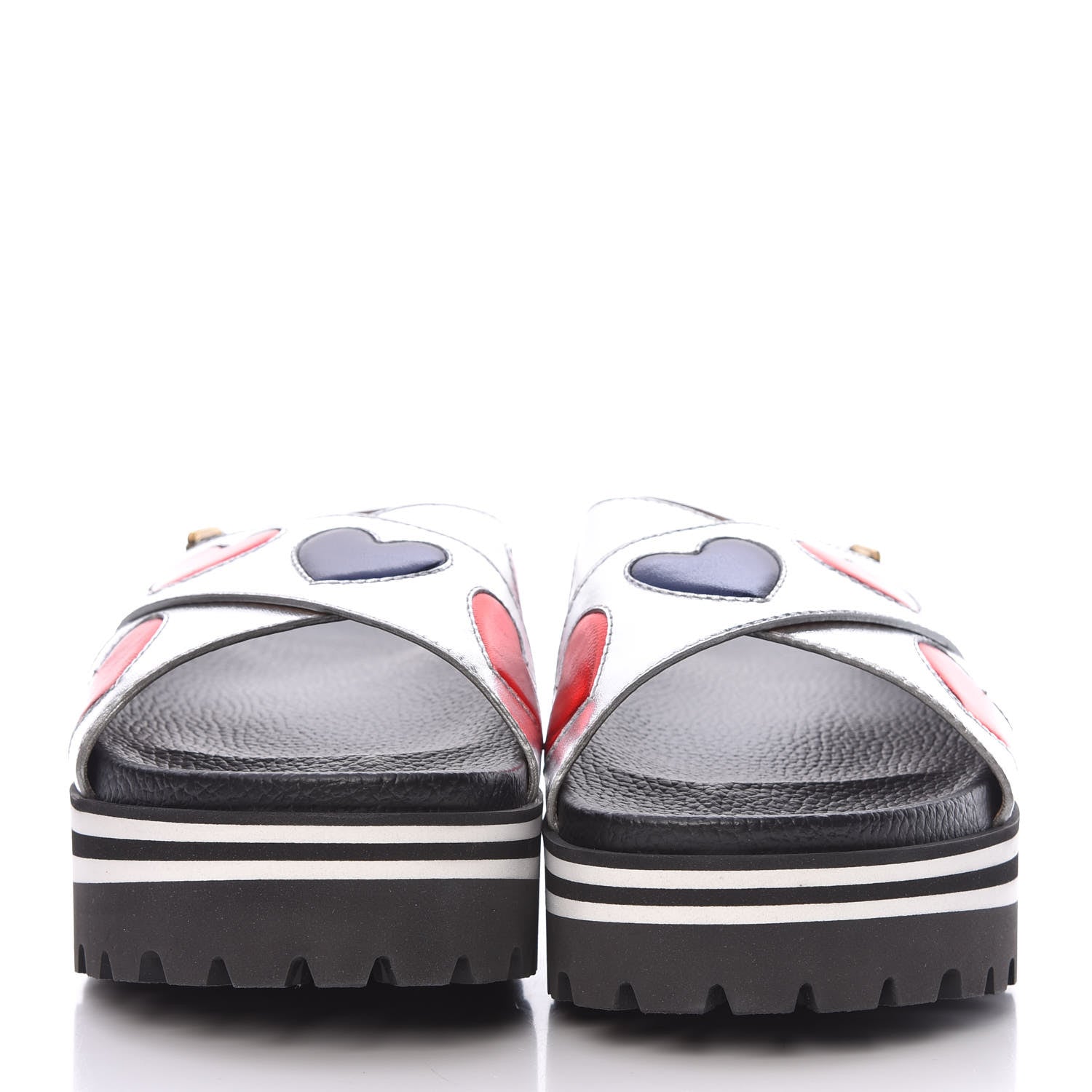 Gucci Metallic Nappa Silk Sunrise Heart Crossover Platform Lug Sole Sandals 38.5 Argento 2 of 8