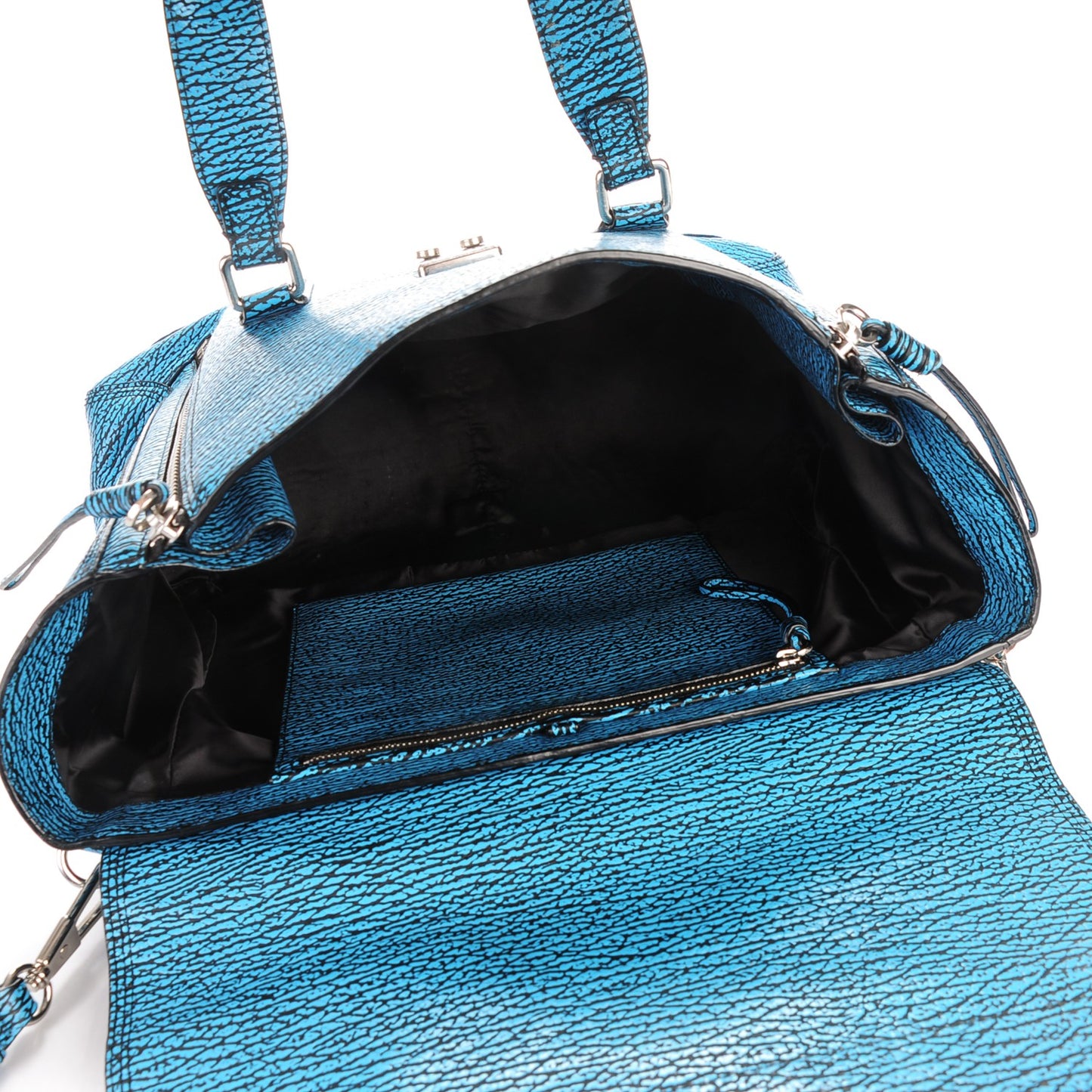 3.1 Shark Embossed Textured Calfskin Large Pashli Satchel Turquoise Black