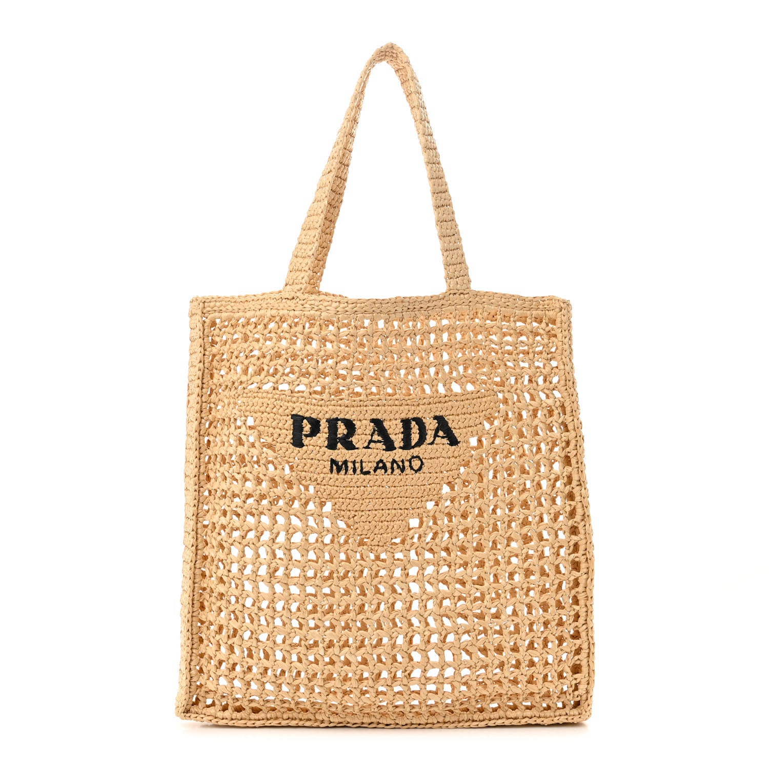 Prada Yarn Raffia Effect Crochet Logo Embroidered Tote Bag Naturale 1 of 9