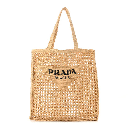 Prada Yarn Raffia Effect Crochet Logo Embroidered Tote Bag Naturale 1 of 9