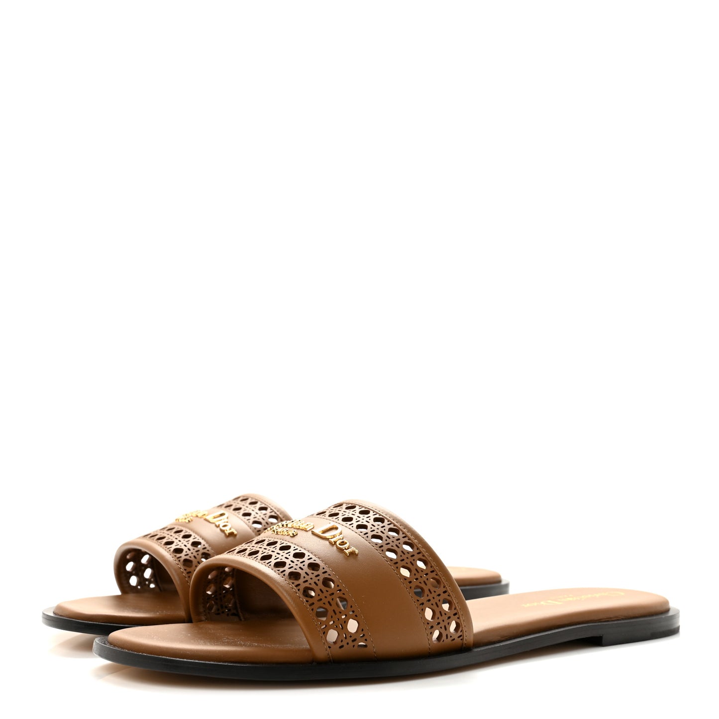 Calfskin Lambskin Micro Cannage D-Lane Flat Slide Sandals 39.5 Camel
