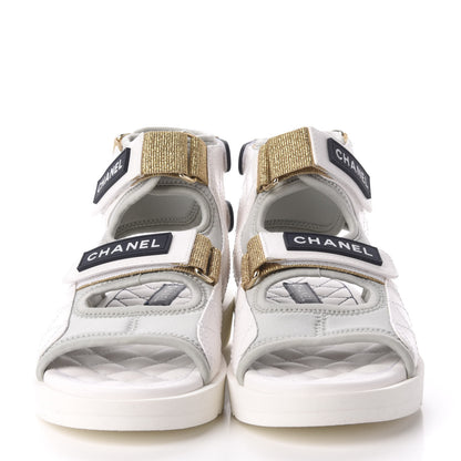 Chanel Goatskin Fabric Gladiator Sandals 36 White Light Grey Navy Blue 3 of 9