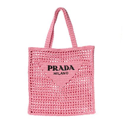 Prada Yarn Raffia Effect Crochet Logo Embroidered Tote Bag Petalo 1 of 10