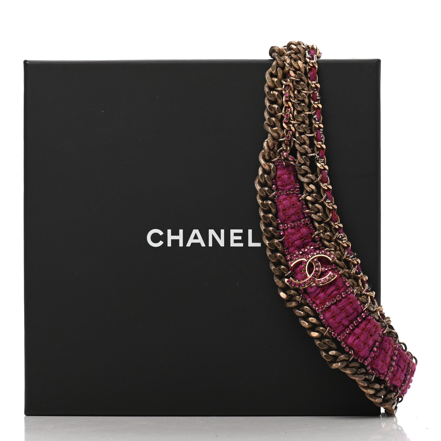 Chanel Wool Tweed Crystal Chainlink Bib Necklace Fuchsia Gold 6 of 6