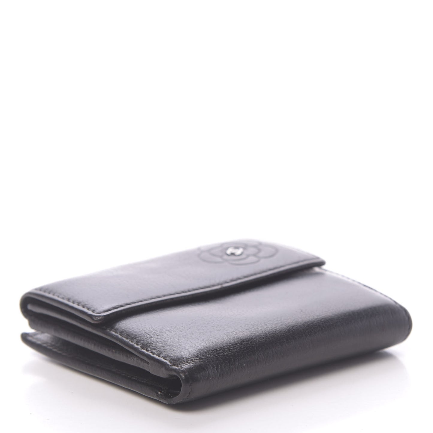 Glazed Goatskin Camellia Embossed French Flap Wallet Black
