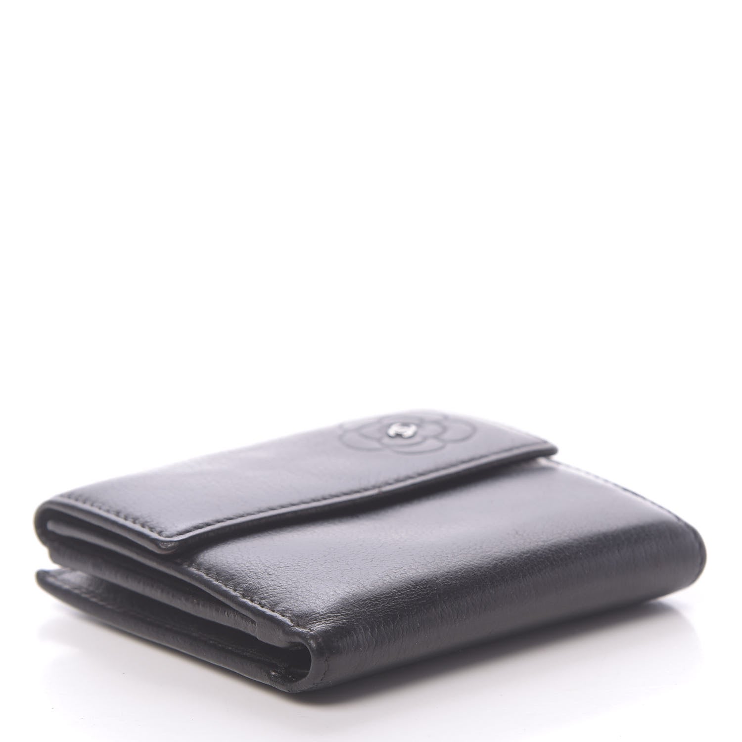 Chanel Glazed Goatskin Camellia Embossed French Flap Wallet Black 4 of 15