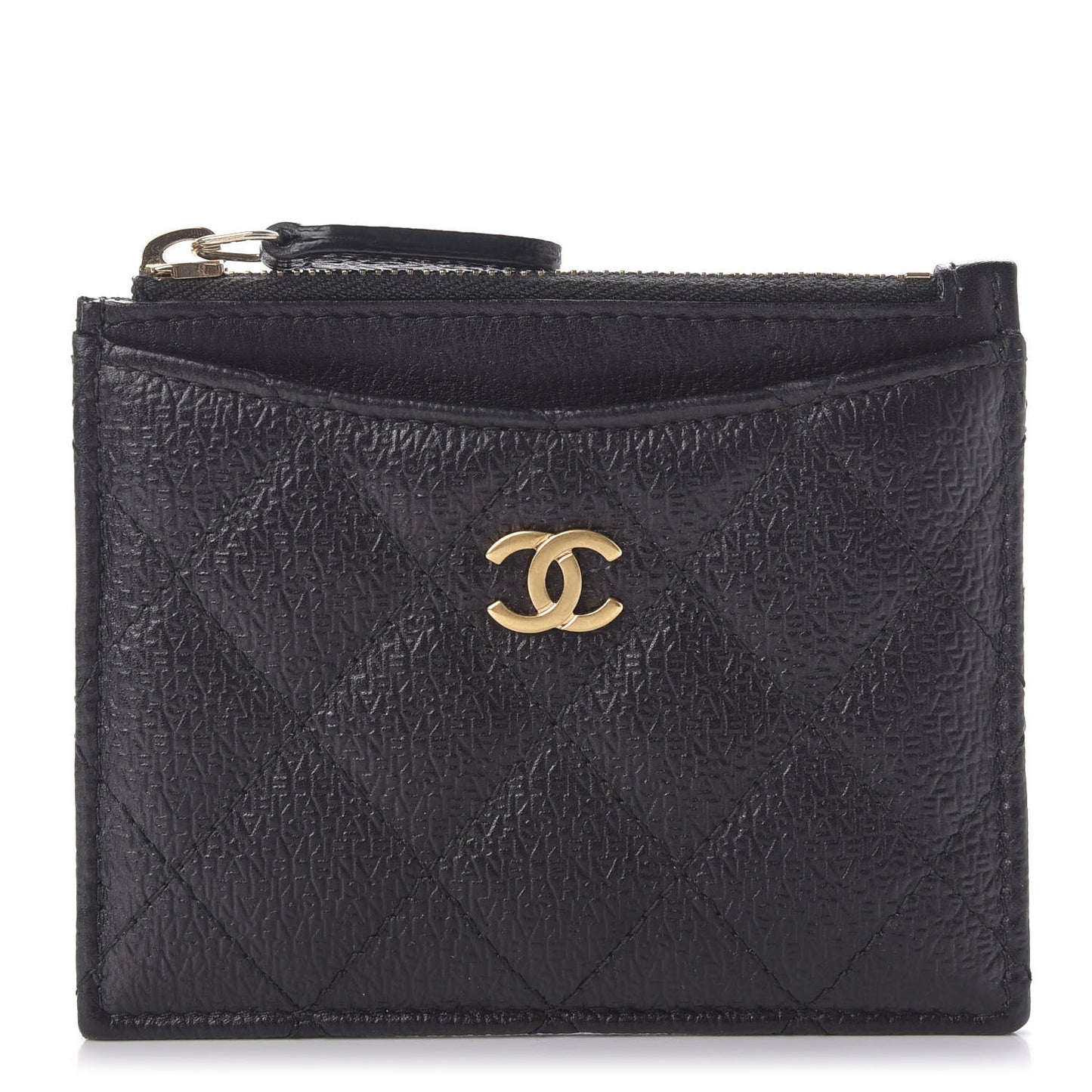 Letter Calfskin Embossed Quilted CC Zip Card Holder Black
