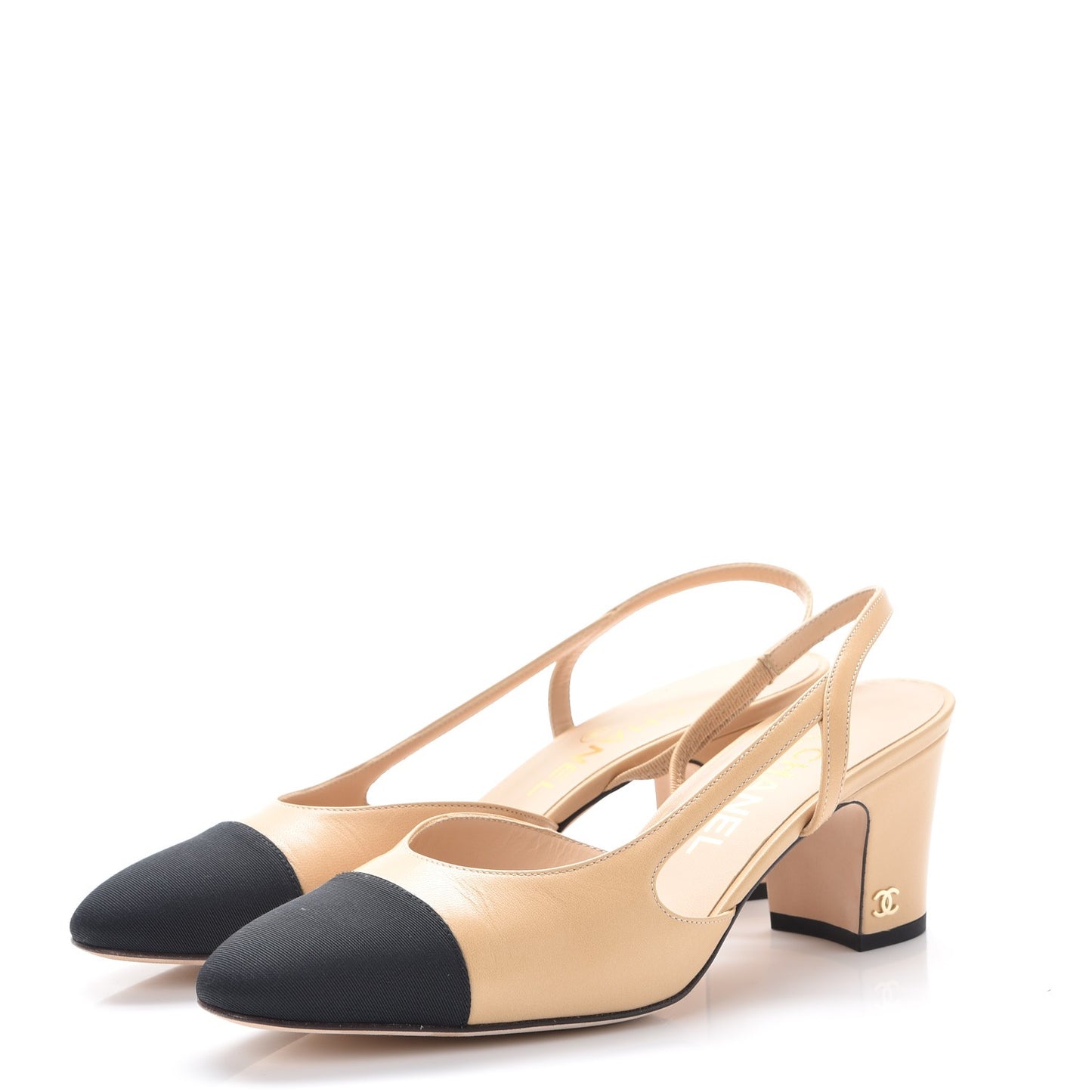 Lambskin Grosgrain Cap Toe CC Slingback Pumps 38.5 Beige Black