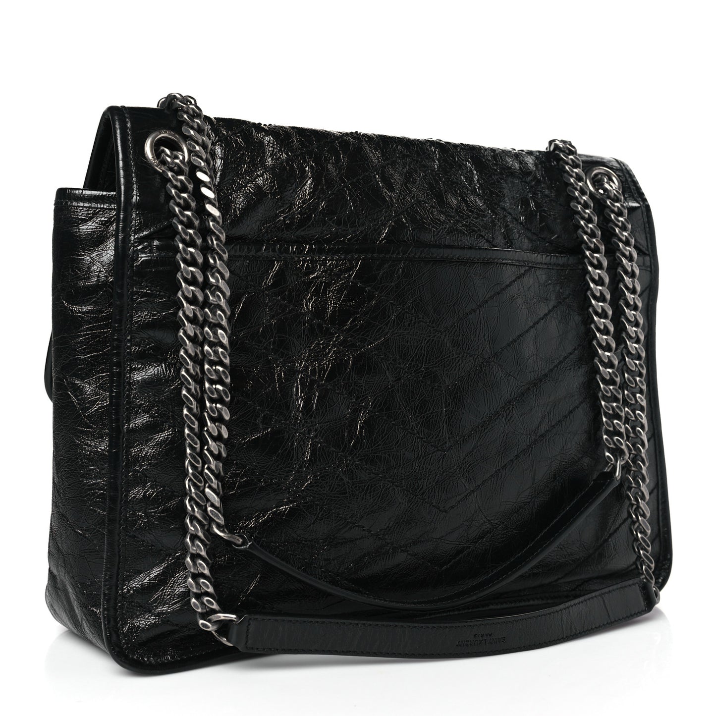 Crinkled Calfskin Matelasse Monogram Large Niki Chain Satchel Black