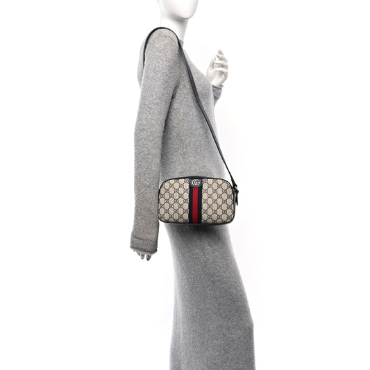 GG Supreme Monogram Textured Dollar Calfskin Web Small Ophidia Camera Bag Beige Blue
