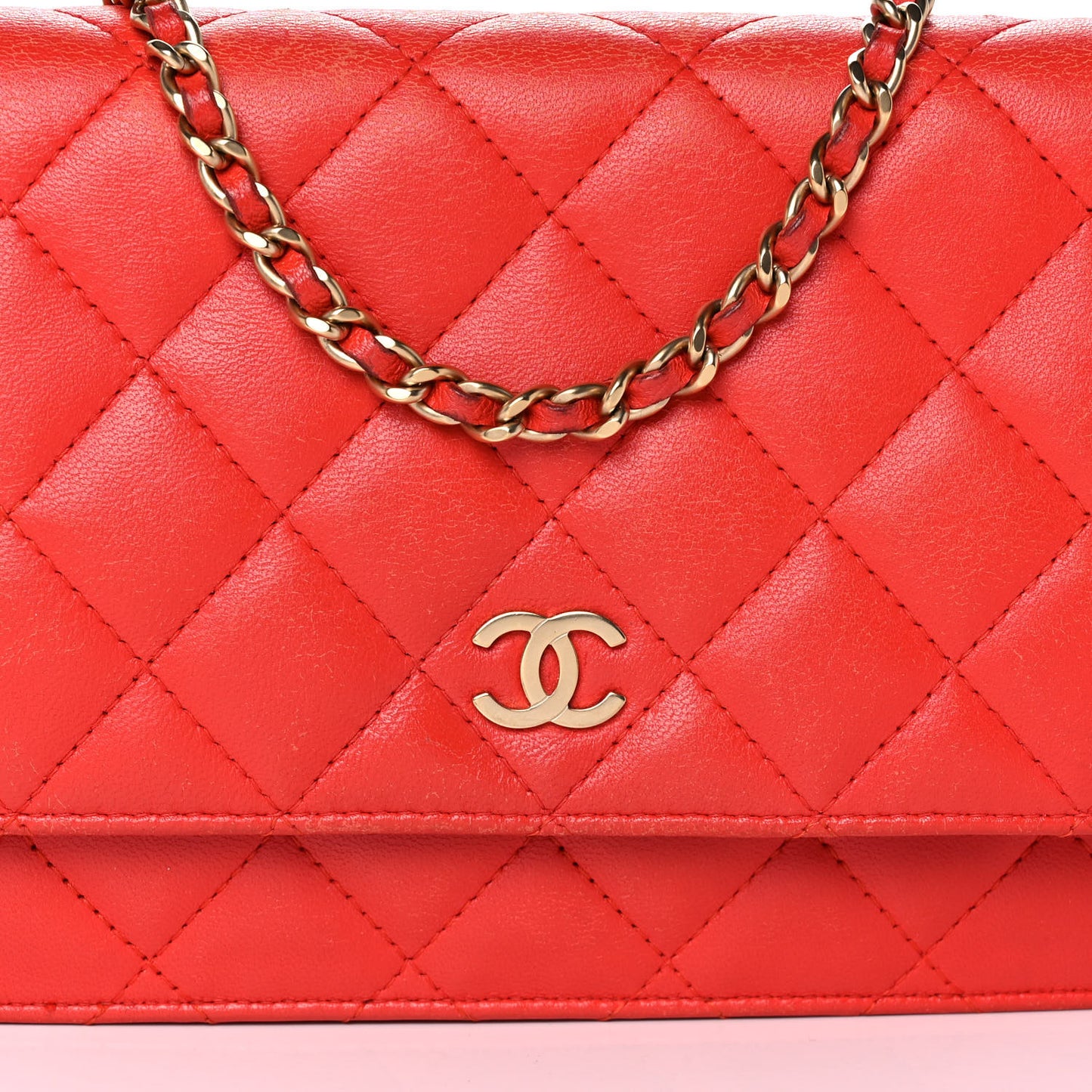 Lambskin Quilted Wallet On Chain WOC Light Red