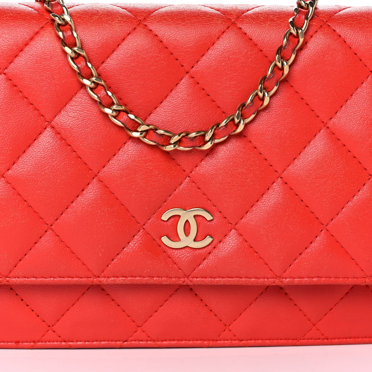 Chanel Lambskin Quilted Wallet On Chain WOC Light Red 10 of 11