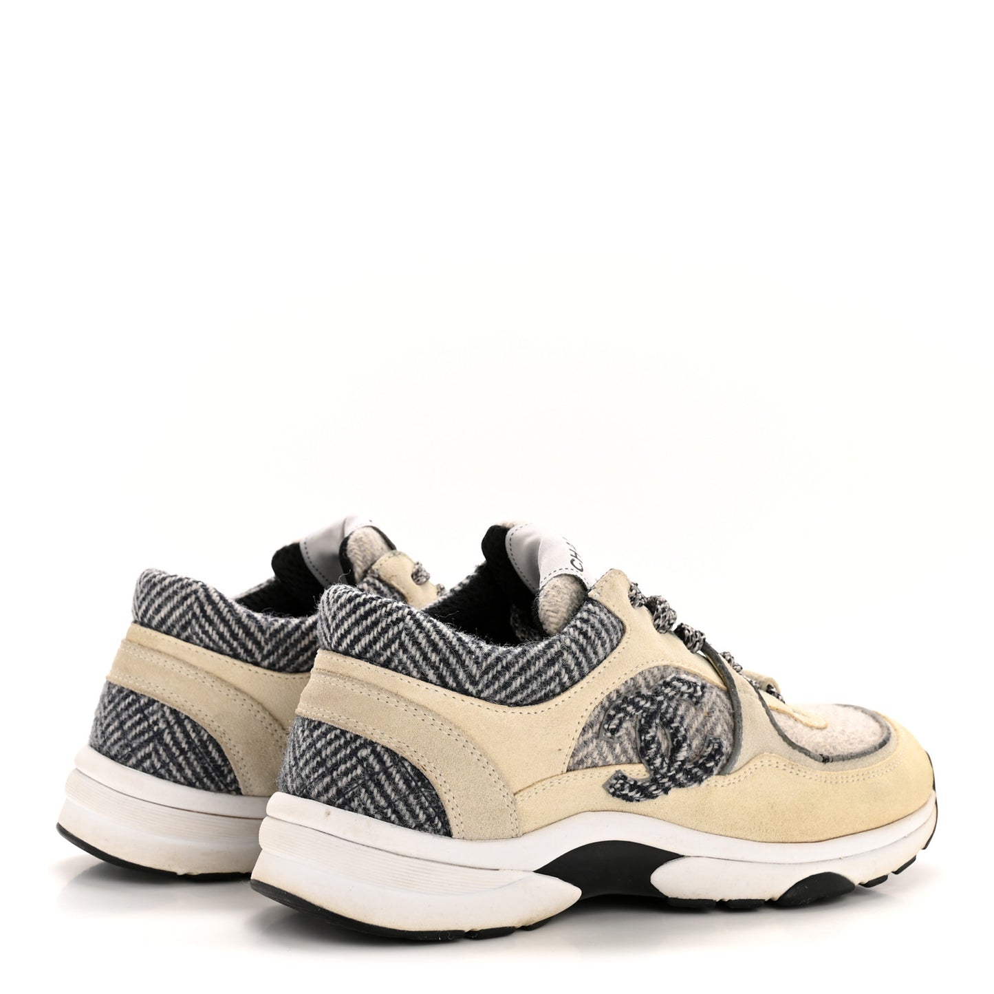Fabric Suede Calfskin Womens CC Sneakers 37.5 Ivory Light Gray White