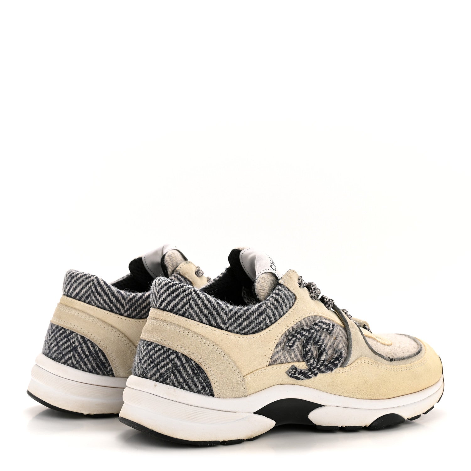 Chanel Fabric Suede Calfskin Womens CC Sneakers 37.5 Ivory Light Gray White 5 of 9
