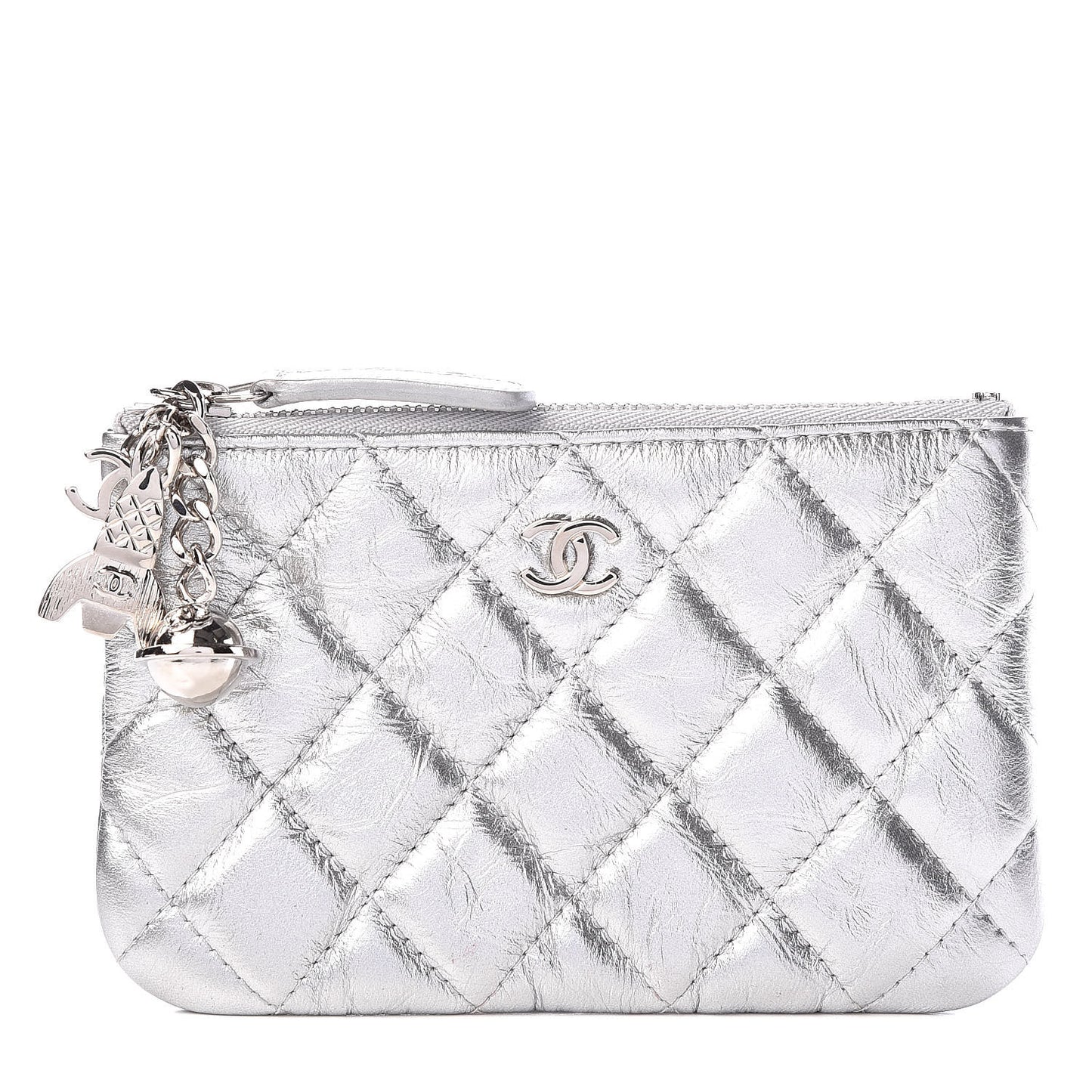 Metallic Calfskin Quilted Small Cosmo Cosmetic Case Silver