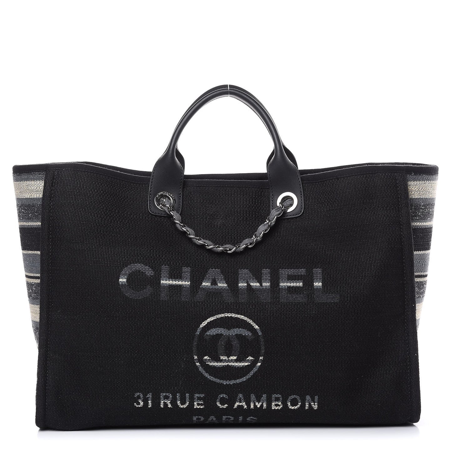Striped Canvas Large Deauville Tote Black