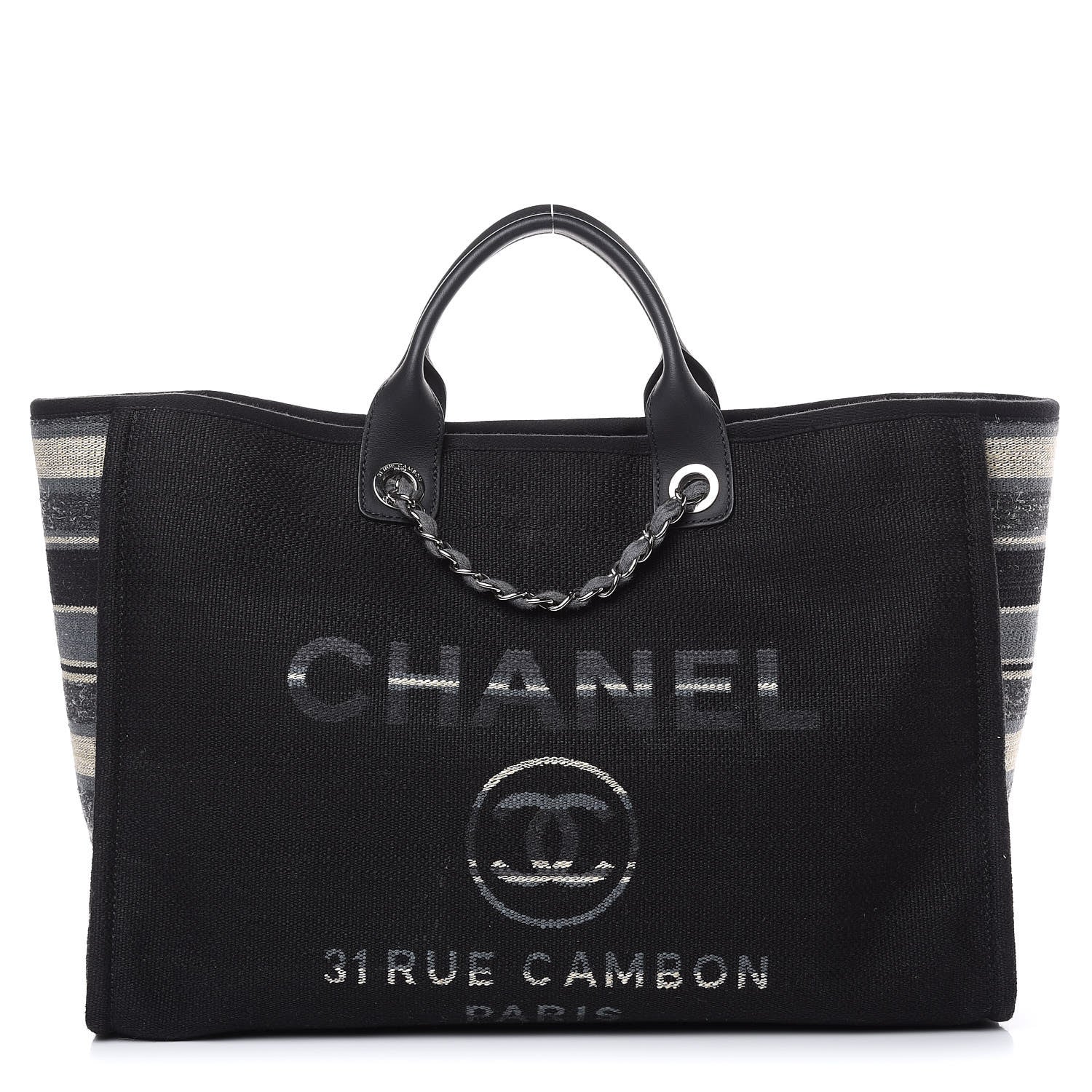 Chanel Striped Canvas Large Deauville Tote Black 1 of 11