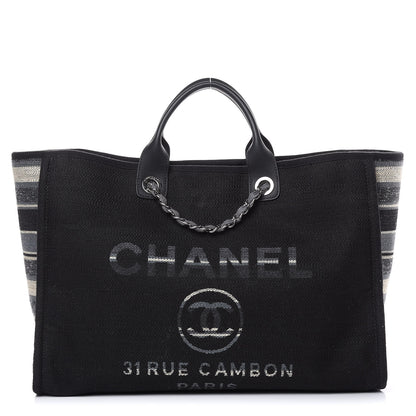 Chanel Striped Canvas Large Deauville Tote Black 1 of 11
