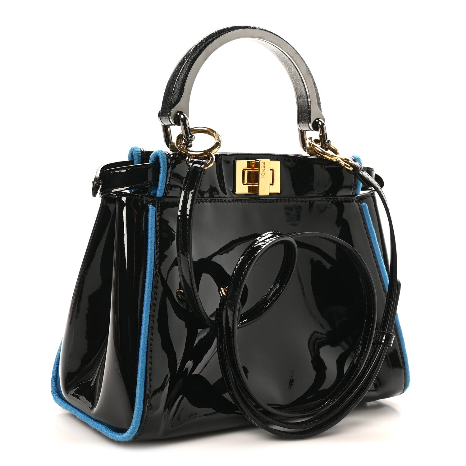 Fendi Patent Mini Plexi Handle Peekaboo Iconic Satchel Black Blue 3 of 9